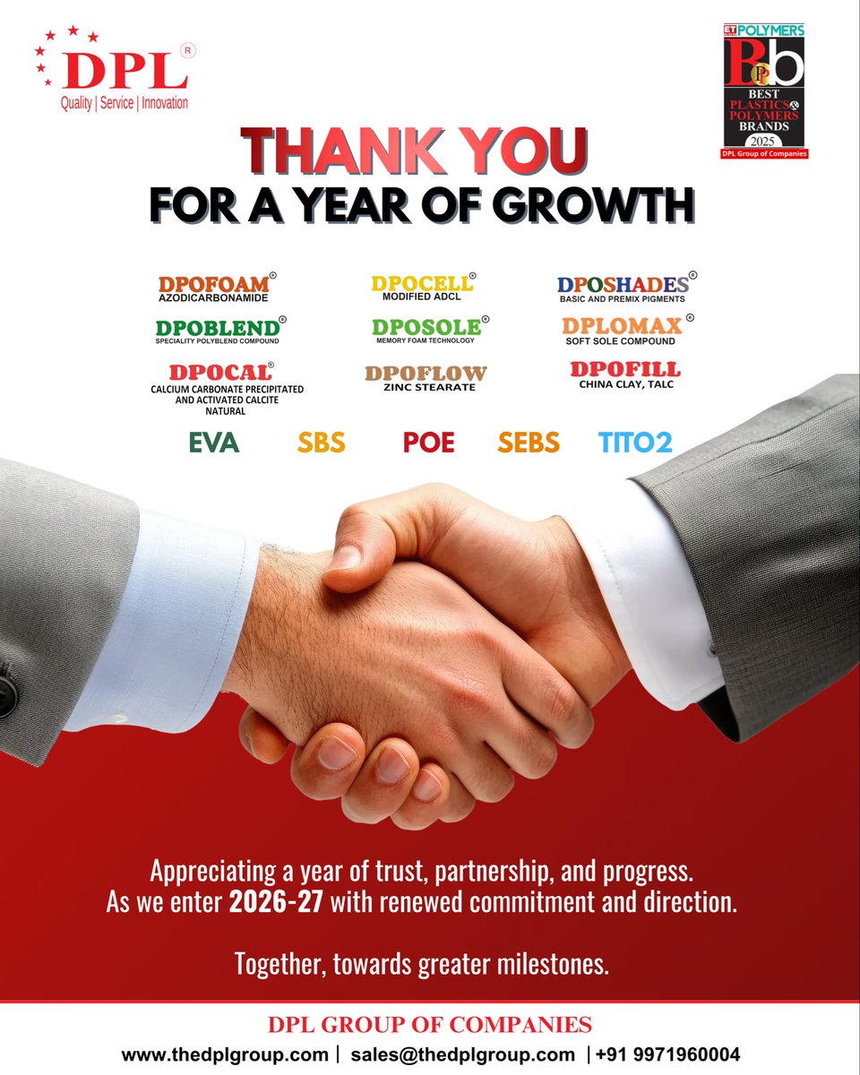 dplpolymer's tweet photo. Grateful for a year of trust, growth, and strong partnerships.
Here’s to building bigger, better, and stronger in 2026–27 🤝

#DPL #DPLGroup #DPLGroupOfCompanies 
#NewFinancialYear #FinancialYearStart https://t.co/W9BintYpl8