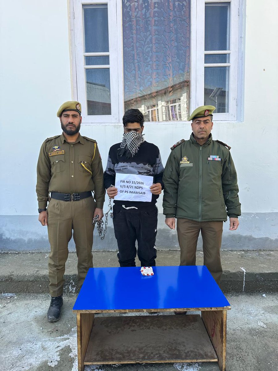 ShopianPolice's tweet image. Shopian Police continues its crackdown on drugs—one peddler arrested at Imamsahib Chowk with 6.20 grams heroin-like substance. FIR No. 15/2026 under NDPS Act registered; investigation underway.
#ShopianPolice
#WarAgainstDrugs
#NDPSAct

@JmuKmrPolice
@KashmirPolice
@DigSkr