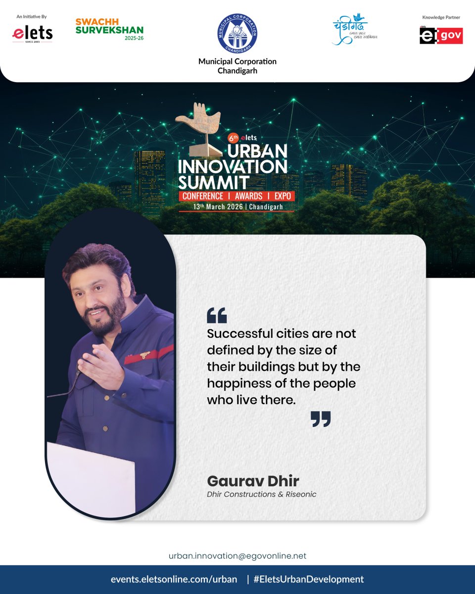 egovonline's tweet image. At the Urban Innovation Summit 2026, Gaurav Dhir, Dhir Constructions &amp;amp; Riseonic highlighted the importance of planned growth, community-centric development, and environmentally responsible urbanisation...

Read More: lnkd.in/g5Stz6UR

#UrbanDevelopment #FutureCities