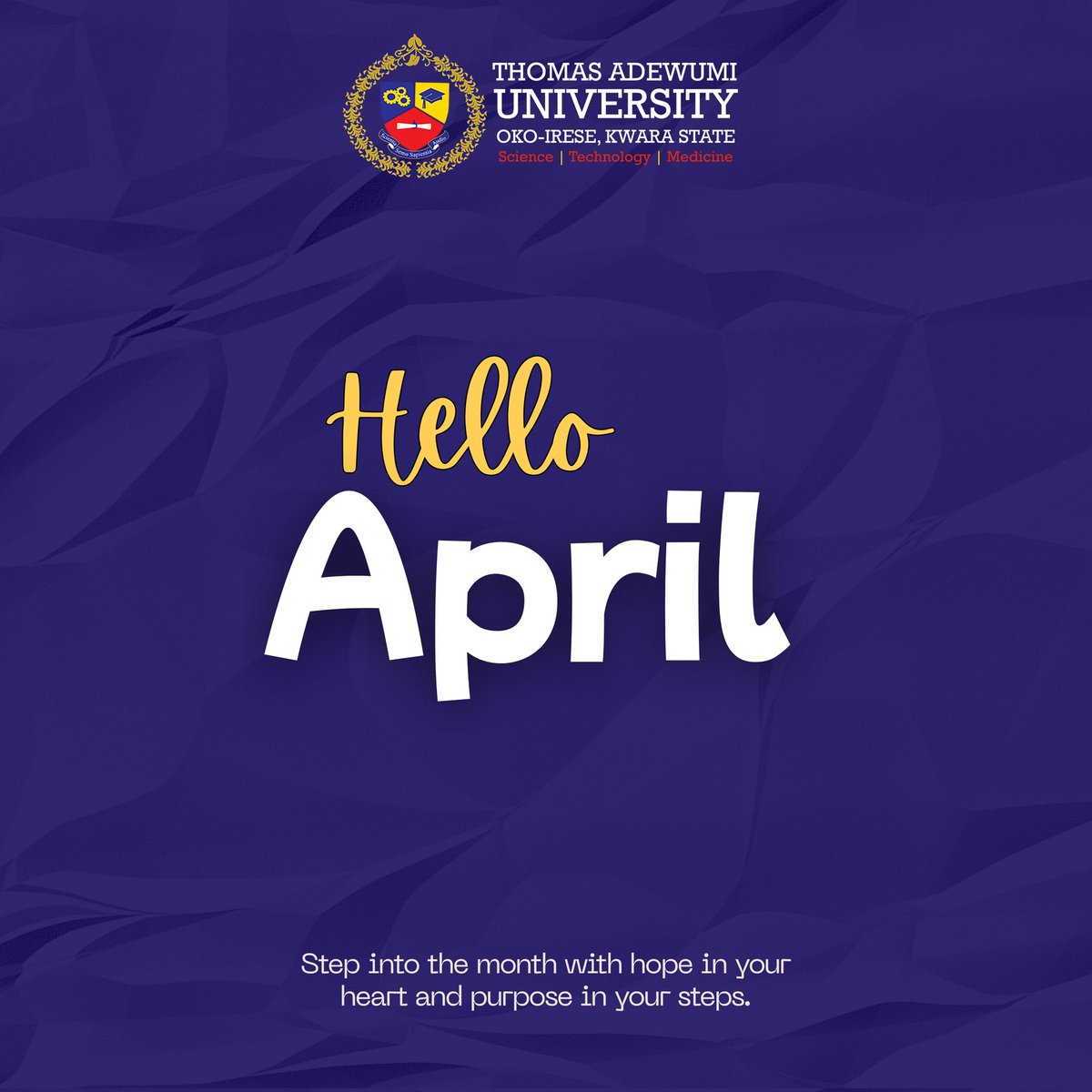 tau_university's tweet image. 🌸 Welcome to a fresh chapter filled with new goals, renewed energy, and opportunities to excel. 
Here’s to a productive and successful April for our entire TAU community 🤗

#HelloApril #HappyNewMonth #NewMonthNewGoals #AcademicExcellence #ThomasAdewumiUniversity