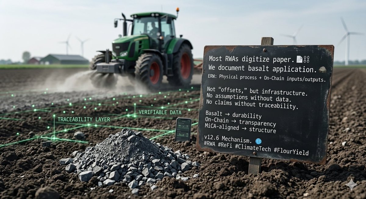 Most RWAs still digitize paper. 📄⛓️

We focus on something harder: measurable processes. 🪨

At Flour Yield, the approach is simple:
Physical basalt application (ERW) + on-chain documentation of data inputs and outputs.

This is not about marketing “offsets,” but about building
