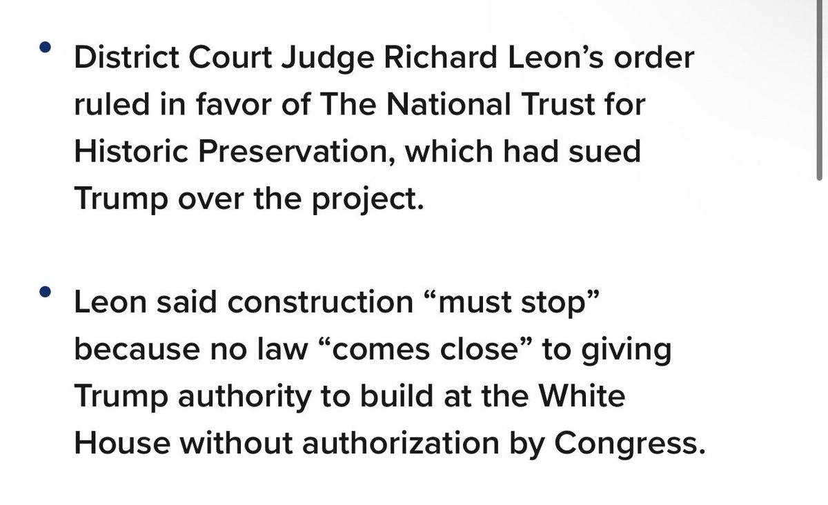 BrianMasck's tweet image. District Court Judge Richard Leon, nominated by President George W. Bush, said construction “must stop” because no law “comes close” to giving Trump legal authority to build such a structure at the White House without authorization by Congress.