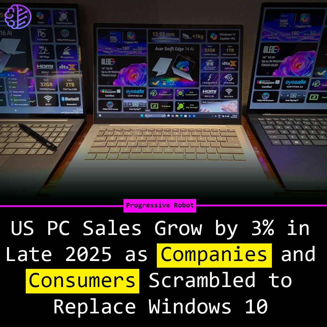 ProgresiveRobot's tweet image. According to Omdia, US PC sales grew by 3% in late 2025, driven by holiday demand and the need to replace older Windows 10 systems. A 13% drop is forecasted for 2026 due to increasing memory and storage prices. #PCsales #Omdia #chipshortage