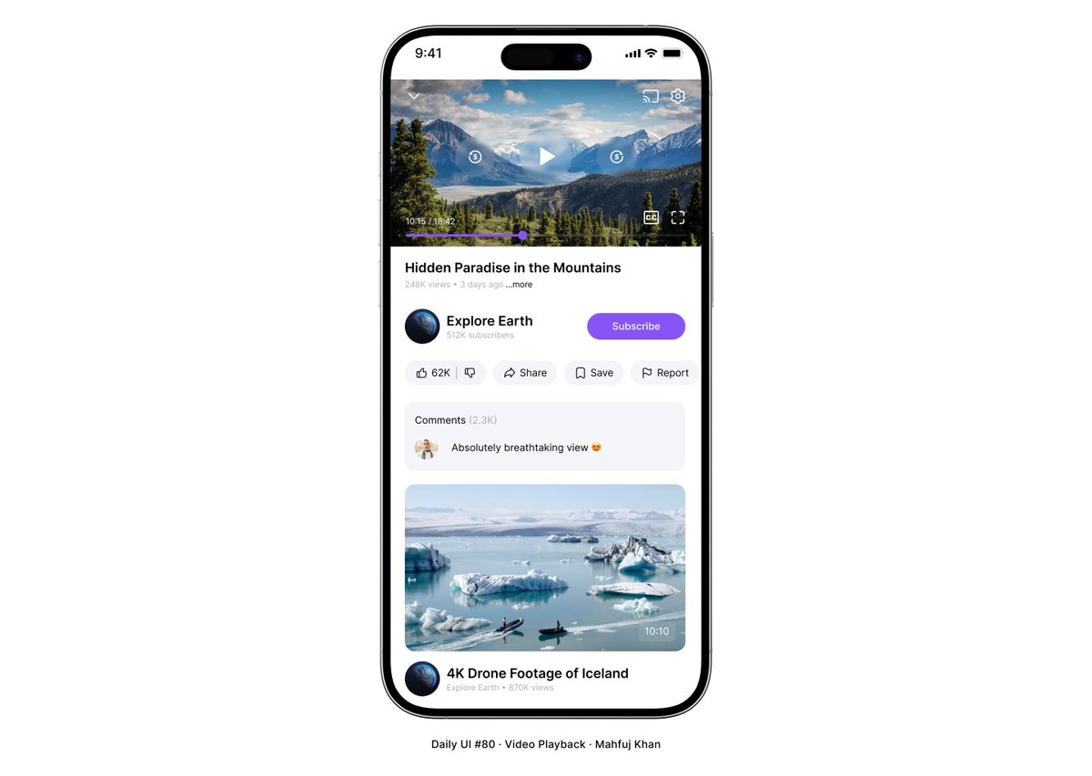 Mahfujkn's tweet photo. DailyUI Day 80 🎥

Video Playback design focused on an immersive viewing experience. Features a clean player interface, structured social actions, and a focused comment section. Balancing content discovery with high engagement. ✨

#dailyui #uidesign #ux #figma #DailyUI80 https://t.co/5t7Svsp12k