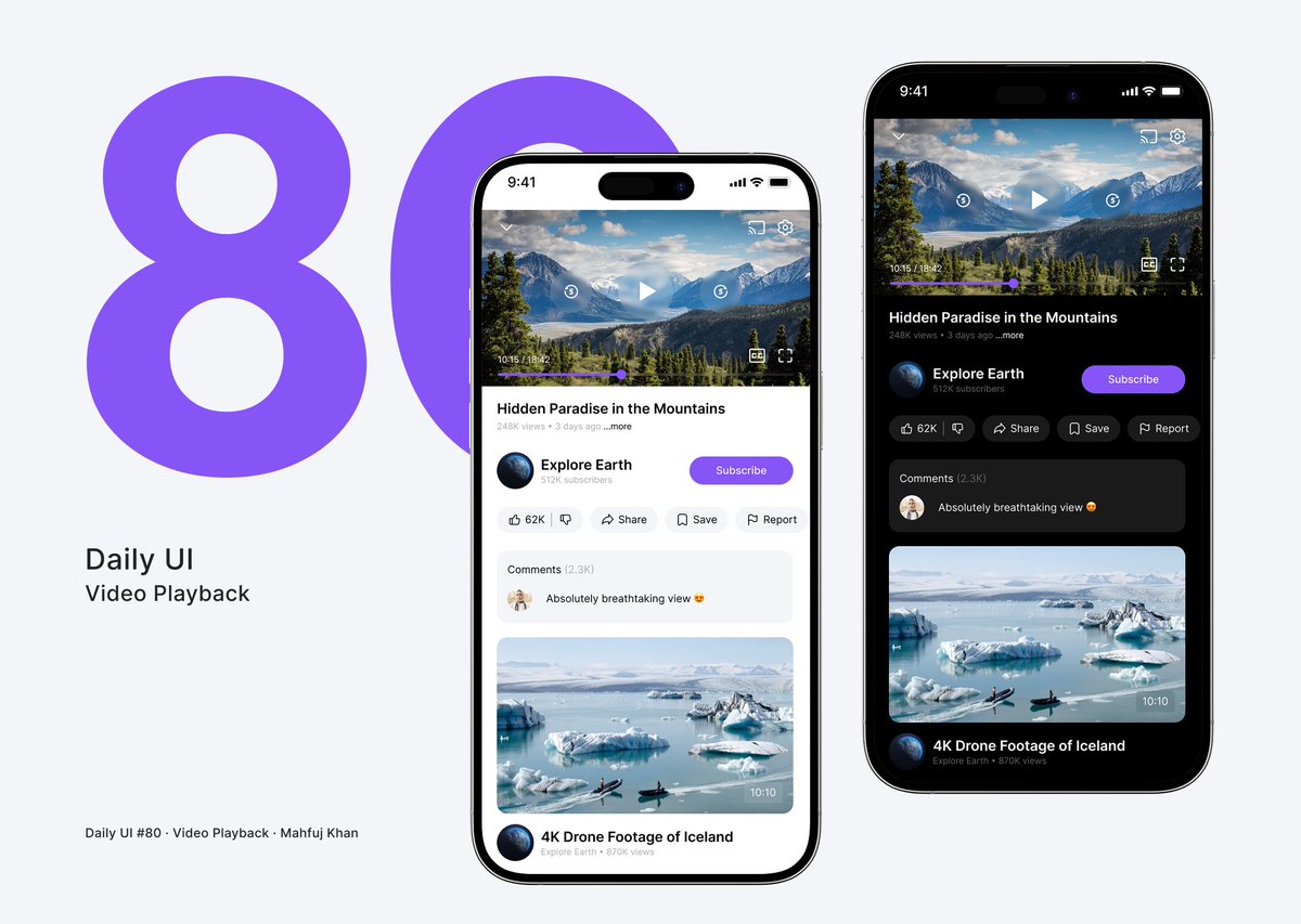 Mahfujkn's tweet photo. DailyUI Day 80 🎥

Video Playback design focused on an immersive viewing experience. Features a clean player interface, structured social actions, and a focused comment section. Balancing content discovery with high engagement. ✨

#dailyui #uidesign #ux #figma #DailyUI80 https://t.co/5t7Svsp12k