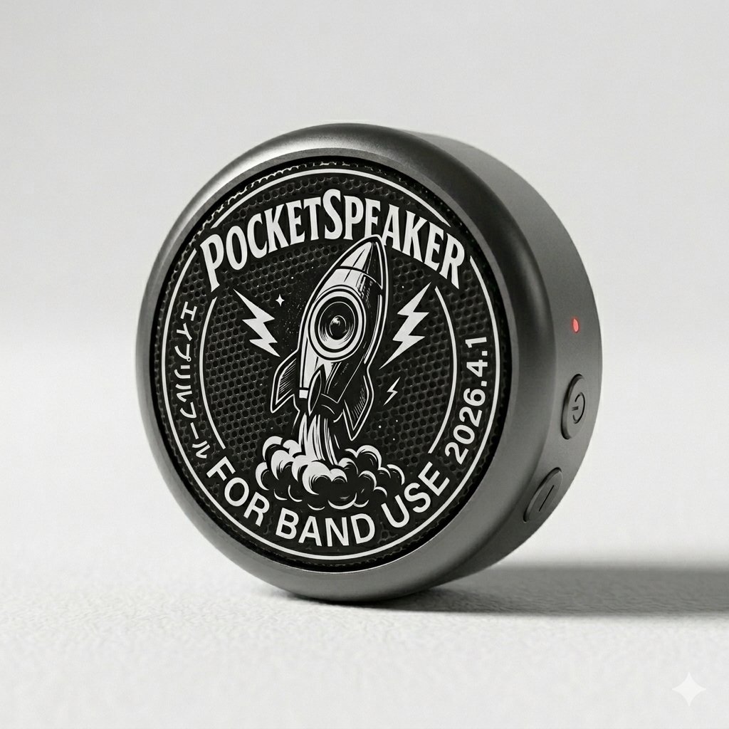 rocketspeaker's tweet photo. 本日2026.4.1、ROCKETSPEAKERは「POCKETSPEAKER」に改名！🚀
​新コンセプト「持ち運べる爆音」を具現化した丸型ミニスピーカー販売決定！いつでもどこでもロケスピが聴けちゃうナイスグッズです🫶
​詳���は本日24時解禁(？)
​#POCKETSPEAKER #エイプリルフール https://t.co/nkAySOmYPm