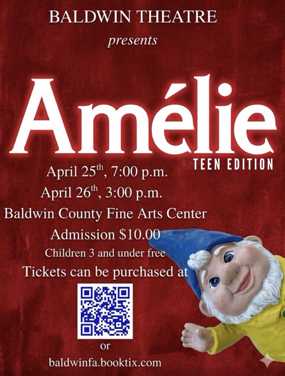 Brad_Bell's tweet photo. Baldwin Theatre invites you to come out on April 25-26 for Amelie: Teen Edition, a newish musical with **gorgeous** music and a fun book that, together, explore love, imagination, and the magical power of kindness. 

Come!  Come! 

https://t.co/JwES5MDJ4L https://t.co/oPNenOyQ7f