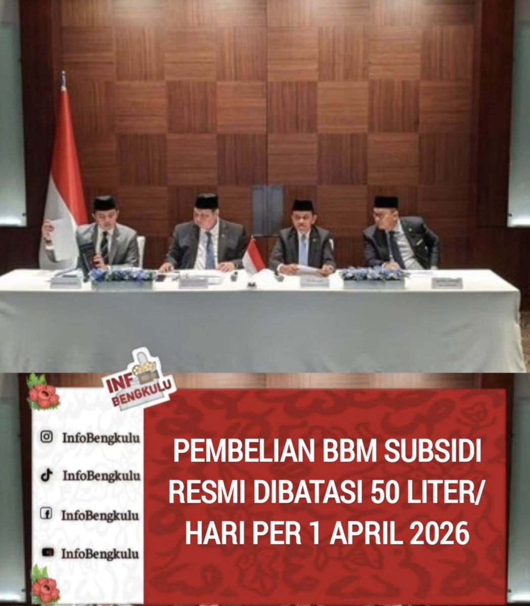 IamYusan's tweet photo. News BBM!
Pemerintah batal menaikan harga BBM per 1 April 2026, akan tetapi justru melakukan pembatasan 50 liter/hari. Secara teori bagus buat menekan mafia BBM dan memastikan subsidi lebih tepat sasaran.
#KebijakanPemerintah #BBMHariIni
#AprilMop https://t.co/2vIgxQCazx