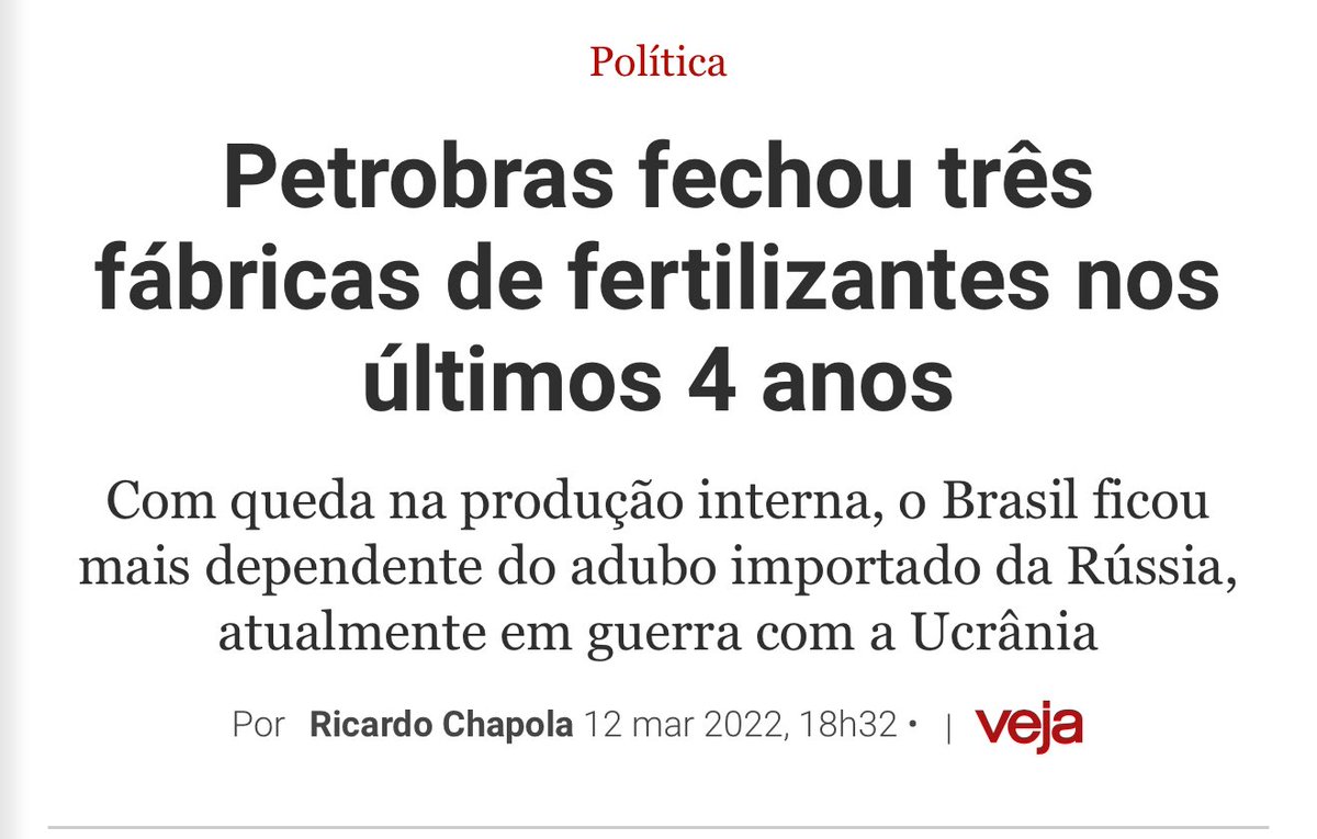 <a href="/EstadaoEconomia/">Economia Estadão</a> Não foi o governo Bolsonaro, do qual Tereza Cristina era " Ministra da Agricultura ", que o Brasil fechou e vendeu várias fábricas de fertilizantes, <a href="/Estadao/">Estadão 🗞️</a>?
