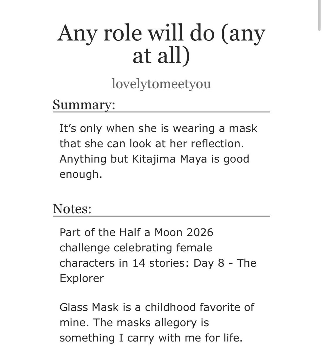 lovelytomeetyo's tweet image. Who’s still reading Glass Mask in 2026? To those (possibly three) people, here’s a fic: archiveofourown.org/works/79089236

#glassmask #fic #garasunokamen #kitajimamaya #fanfic