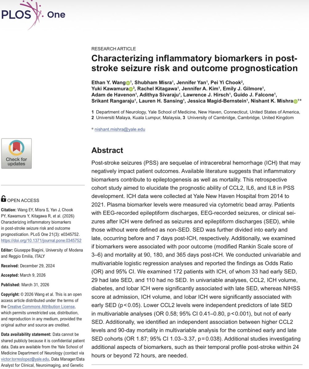 Shubham_Neuro's tweet photo. Our latest study, published in @PLOSONE, identifies the role of CCL2 as a potential biomarker associated with late seizures and epileptiform discharges (SED) and 90-day mortality post SED in ICH patients.
Link: https://t.co/14x1JxtFl7
#Neurology #PostStrokeEpilepsy #Stroke #NeuroTwitter #MedTwitter #AcademicChatter