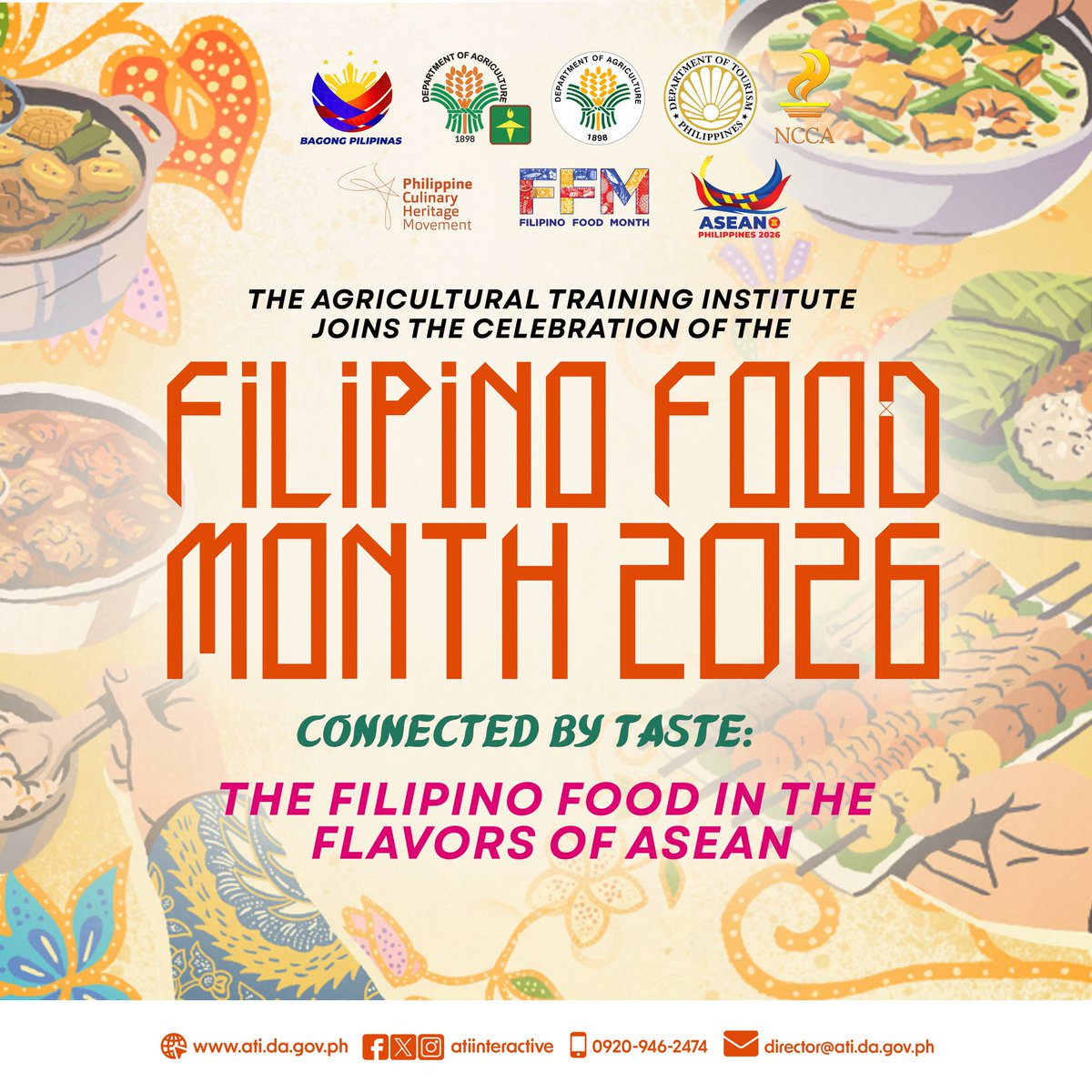 atiinteractive's tweet image. The Agricultural Training Institute (ATI) proudly joins the nation in celebrating Filipino Food Month (FFM) 2026, with the theme: “Connected by Taste: Filipino Food in the Flavors of ASEAN.” 

#ishareknowledge #ATIiNspire #ATILEADS