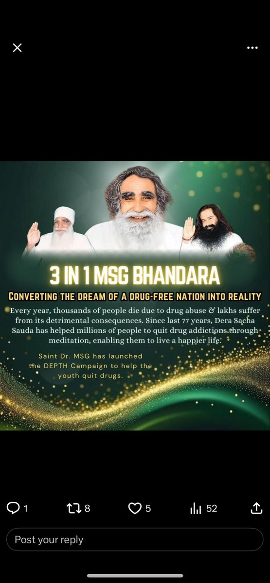 RajKuma38450614's tweet photo. अप्रैल महीना #3in1MSGBhandaraMonth उस पावन माह की याद दिलाता है, जब शाह मस्ताना जी महाराज ने इस दिव्य धाम की नींव रखी। इस पवित्र कार्य को शाह सतनाम जी महाराज ने प्यार और सेवा से आगे बढ़ाया, और आज Saint Gurmeet Ram Rahim Ji के मार्गदर्शन में यह निरंतर फल-फूल रहा है। https://t.co/YQdQwt3xvD