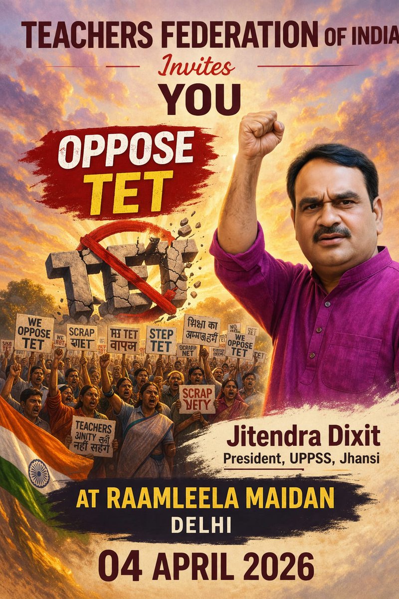 #04 अप्रैल 2026 को_दिल्ली चलो
#काला_कानून_वापस_लो #शिक्षकों_को_न्याय_दो_टीईटी_अनिवार्यता_से_मुक्त_करो
#NoTetBeforeRteAct
#JusticeForTeachers
<a href="/narendramodi/">Narendra Modi</a>
<a href="/PMOIndia/">PMO India</a>
<a href="/dpradhanbjp/">Dharmendra Pradhan</a>
<a href="/aajtak/">AajTak</a>
@TFI_2025
<a href="/DrDCSHARMAUPPSS/">Dr Dinesh Chandra Sharma</a>
<a href="/DraupdiMurm/">India president Draupadi Murmu</a>
<a href="/ABPNews/">ABP News</a>
<a href="/DainikBhaskar/">Dainik Bhaskar</a>
<a href="/IBC24News/">IBC24 News</a>
<a href="/ANI/">ANI</a>
