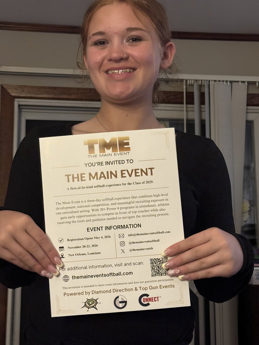 Got some 💌 today. Thank you <a href="/themaineventsb/">The Main Event Softball</a> <a href="/TopGunEvents/">Top Gun Events</a> <a href="/DDSBandEvents/">Diamond Direction</a> for The Main Event invite in November in New Orleans. It's an honor to compete with the best 2029 players in the country. Can't wait to compete &amp; learn from college coaches. <a href="/ALImpactGold13U/">Alabama Impact Gold Premier 14U</a> <a href="/jazzvesely/">Jazz Jackson-Vesely</a>