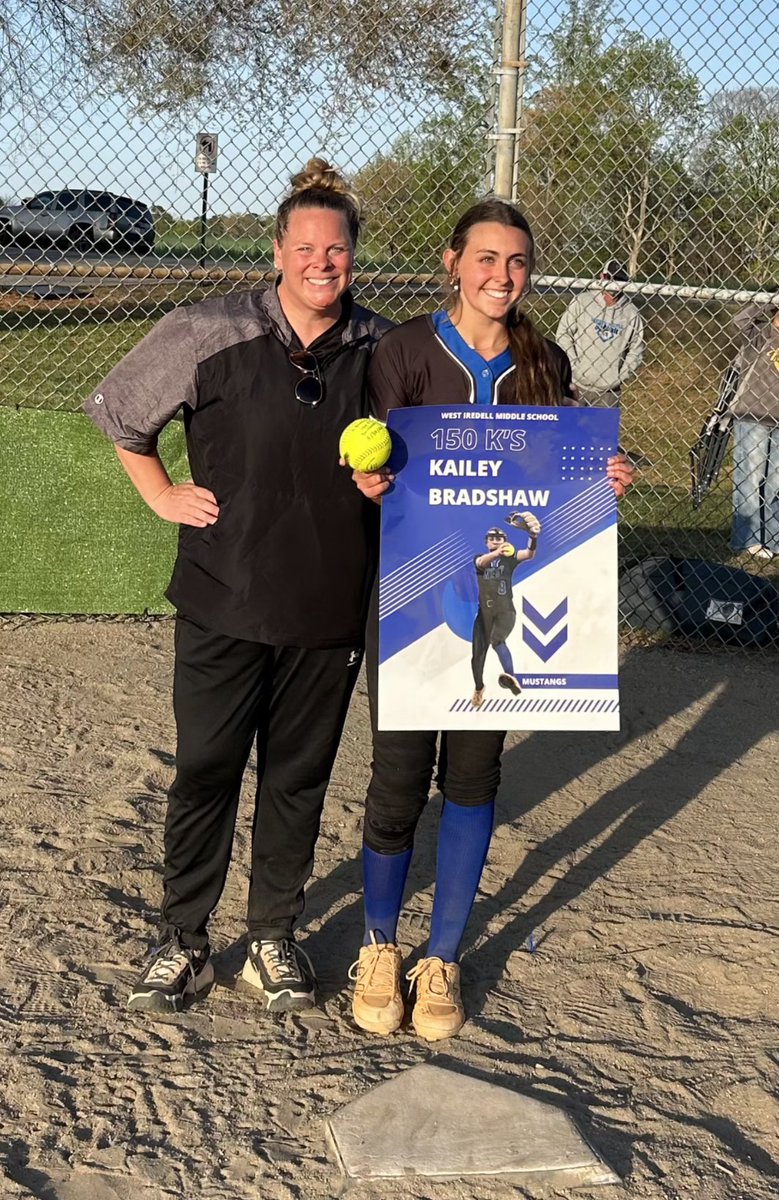 Congrats to Kailey Bradshaw on her 150th career middle school strikeout. Huge milestone for a 7th grader. Proud of her hard work and dedication. Pictured with Coach Chapman, West Iredell. <a href="/TeamNCSoftball/">Team North Carolina Softball</a> <a href="/KaileyB14495/">Kailey LeeAnn Bradshaw</a>  #evoshield #PrestigeClub #softball #fastpitch #TeamNC