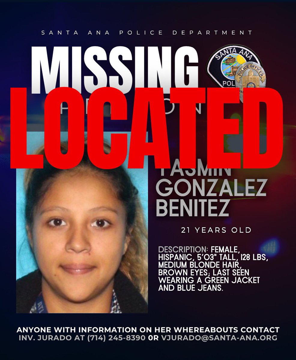 SantaAnaPD's tweet image. UPDATE: #SantaAnaPD #MissingPerson - Detectives have confirmed Yasmin Gonzalez Benitez is voluntarily in Mexico. Her daughter remains in the custody of Child Protective Services.

We appreciate the significant media attention and the inquiries regarding this case.