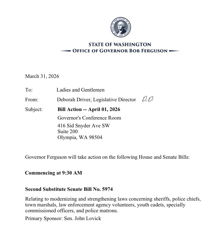 🚨BREAKING🚨

<a href="/GovBobFerguson/">Governor Bob Ferguson</a> is scheduled to sign the sheriff decertification bill at 9:30 am, Wednesday.

Olympia wants all sheriffs to answer to their whims rather than you the voters. You no longer have much of a voice in electing your sheriff.

#waleg