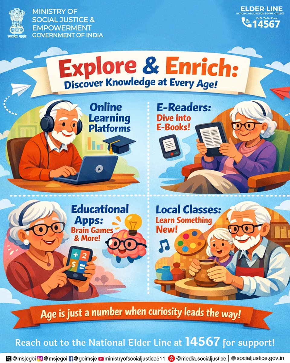MSJEGOI's tweet image. Keep learning at every age—explore new skills and call 14567 for support. 

हर उम्र में सीखते रहें—नई चीज़ें अपनाएं और सहायता के लिए 14567 पर कॉल करें। #ActiveAgeing

@PMOIndia @narendramodi @AmitShah @Drvirendrakum13 @RamdasAthawale @blvermaup @PIB_India @mygovindia @MIB_India