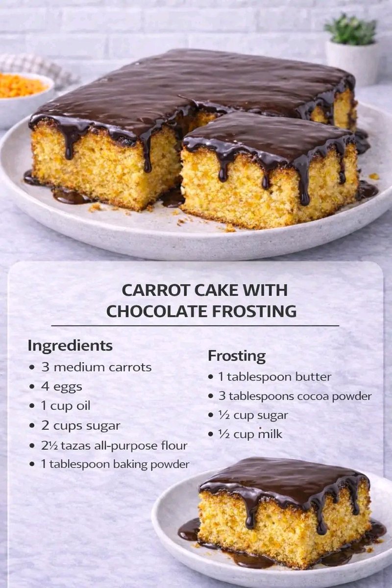 Fresh_Cure's tweet photo. Carrot Cake with Chocolate Topping

Ingredients

•  3 medium carrots (sheeled and chopped)

•  4 eggs

•  1 cup of oil

•  2 cups of sugar

•  2½ cups of wheat flour

•  1 spoon (soup) of baking powder

Coverage

•  1 spoon (soup) of butter

•  3 spoons (soup) of chocolate powder

•  ½ cup of sugar

•  ½ cup of milk

⸻

Preparation Mode

1.  Prepare the dough

In a blender, beat the carrots, eggs and oil until you get a homogeneous cream.

2.  Mix the dry ones

In a bowl, put the sugar and flour. Add the cream from the blender and mix well until smooth.

3.  Finalize

Incorporate the yeast gently.

4.  Asse

Pour the dough into a greased and floured form. Take to a preheated oven at 180 °C for 35–40 minutes, or until you pass the toothpick test.

⸻

Coverage

1.  In a saucepan, bring all the ingredients to medium heat, stirring constantly.

2.  Boil for 3–5 minutes, until it thickens slightly.

3.  Pour the still hot topping over the baked cake.

Tip: For a creamier topping, remove from heat as soon as it boils. For a firmer syrup, let it boil a little longer.