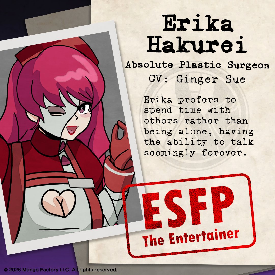 Kumitantei's tweet image. 【Absolute MBTI】
🩹 Erika Hakurei - CV: @ginger_vo
ESFP (Entertainer)
Erika prefers to spend time with others rather than being alone, having the ability to talk seemingly forever.