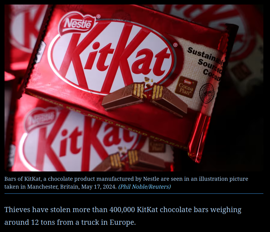 spiralcosmosart's tweet image. KitKat bars very in weight.  Nestle Euro chocolate packs differently  12 tons divided by 3 lbs 6 ounces = 7111 36packs = 256,000 Oranage amazon kitcat bars cnn.com/2026/03/30/eur… how else can they hide all this at once?