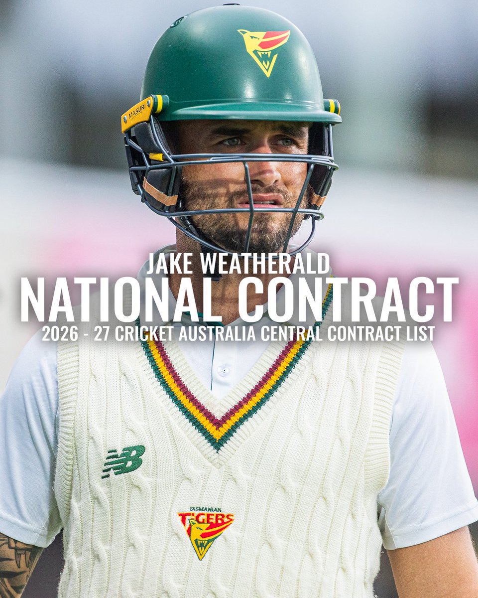 crickettas's tweet photo. Four Tigers on Cricket Australia's Contracted Men's List for 2026-27!

Jake Weatherald, Matthew Kuhnemann, Beau Webster and Nathan Ellis all named in the 21-player Men's Contract list https://t.co/lhXifsLU8a