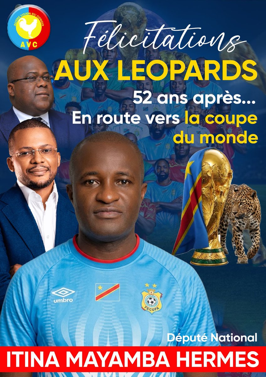 itinahermes's tweet photo. Bravo aux léopards de la RD Congo! 
C'est confirmé! le nom de S.E. Didier Budimbu restera dans les annales de ce pays à jamais. 
Mes sincères félicitations au Président de la République Félix Antoine Tshisekedi Tshilombo. 
52 ans après, le peuple congolais retrouve le sourire. https://t.co/Fxi7sC05ie
