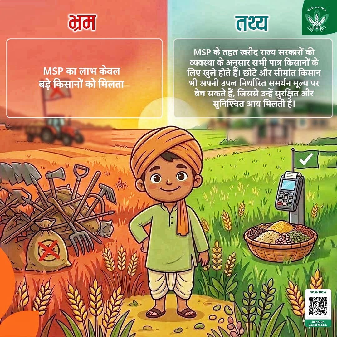 FCI_India's tweet image. ❌ भ्रम से नहीं, सही जानकारी से बनता है विश्वास
✅ MSP हर पात्र किसान के लिए है—छोटे हों या बड़े, सबको मिलता है अपनी उपज का उचित मूल्य
🌾 सुरक्षित आय, मजबूत किसान, सशक्त भारत

@mygovindia @fooddeptgoi @JoshiPralhad @Nimu_Bambhaniya @blvermaup
#MSP #FarmerSupport #FoodSecurity