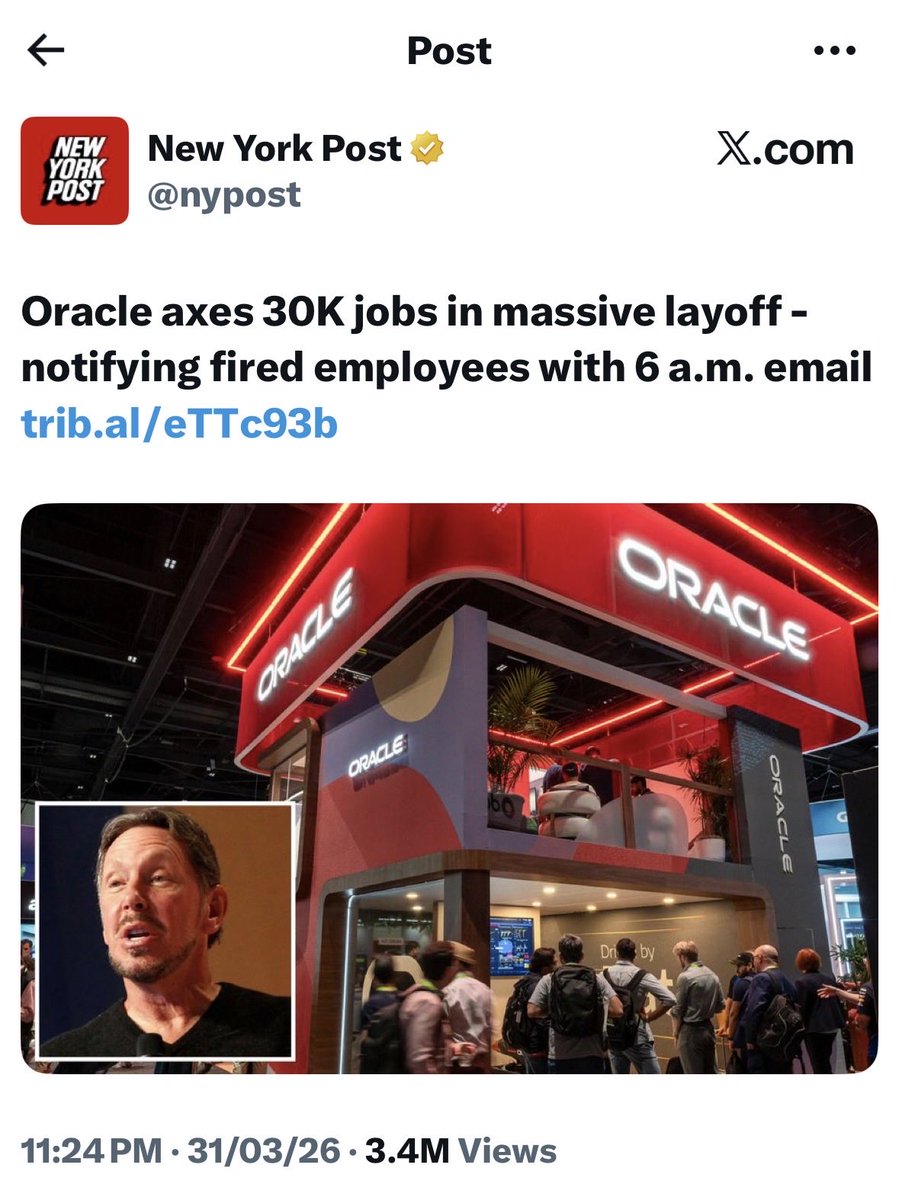 Oracle has fired 30,000 employees.