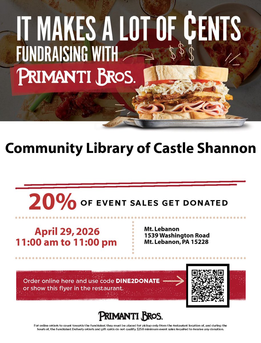 Library_CS's tweet photo. Support us TODAY from 11am-11pm @ the Mt. Lebanon location of Primanti Bros. 20% of sales get donated back!

Order online using code DINE2DONATE or show the flyer @ the restaurant.

Funds raised are used to purchase books that we pass out in the community. https://t.co/oWS0QMr4hN