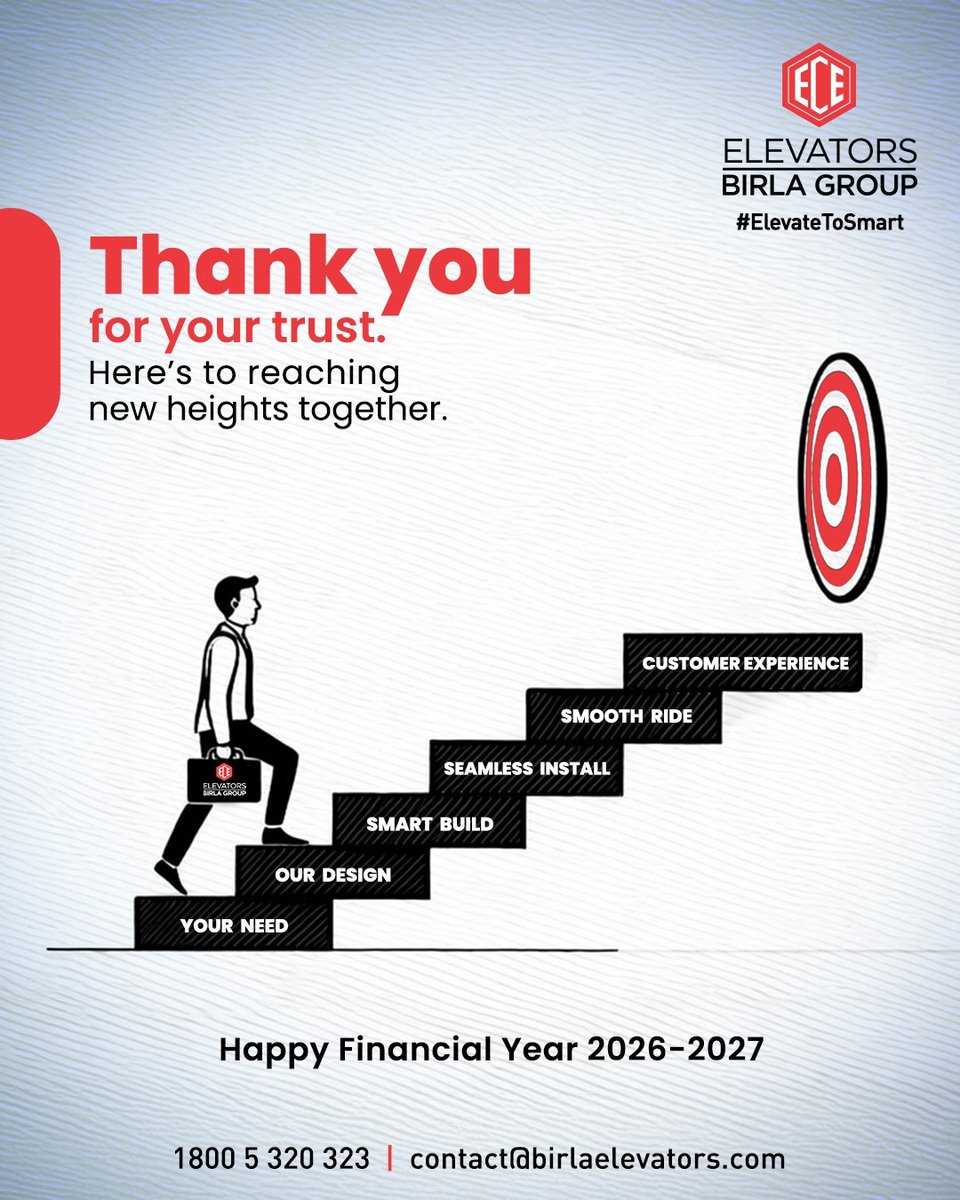 ECEElevators's tweet image. Every step forward is backed by trust.

Thank you for choosing us to elevate your projects.

Let’s make this year even more seamless, efficient &amp;amp; impactful.

#ECE #ECEElevators #BirlaGroup #VerticalMobilitySolutions #Elevators #FY2026 #SmartElevators #NewBeginning #ElevateToSmart