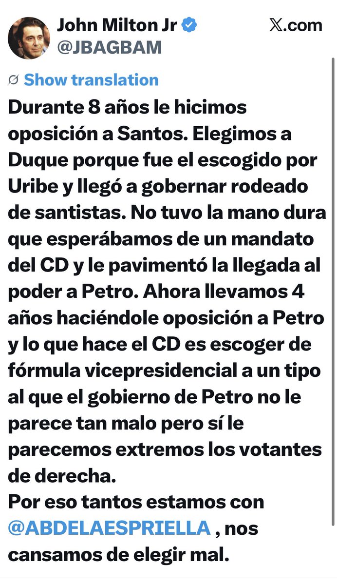 phpatino's tweet photo. @AlvaroUribeVel @anabellejaramil Lo siento Sr. presidente, toda mi admiración, mi cariño y mi respeto por Ud, pero ésta vez, como bien lo expresa @JBAGBAM NO LO ACOMPAÑO.. Dios nos acompañe y nos proteja en estabproxim elección.. https://t.co/MCwInh6QL6
