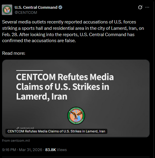 shahpas's tweet photo. 🇮🇷🇺🇸 I am unaware of any Iranian cruise missile being equipped with a high-explosive warhead surrounded by pre-formed tungsten fragments. I am unaware of any Iranian cruise missile equipped with an airburst fusing mode. I am, moreover, extremely circumspect that a subsonic Iranian cruise missile would have been in flight heading toward Lamerd for the reported time of impact/detonation to be valid, given how the United States and Israel launched a surprise attack against Iran. As always, my views are preliminary pending the availability of new evidence, but it sure looks like the United States is attempting a rather pathetic cover-up. 1/
https://t.co/TI5i5JUaeF
https://t.co/MoMcWm6qGc