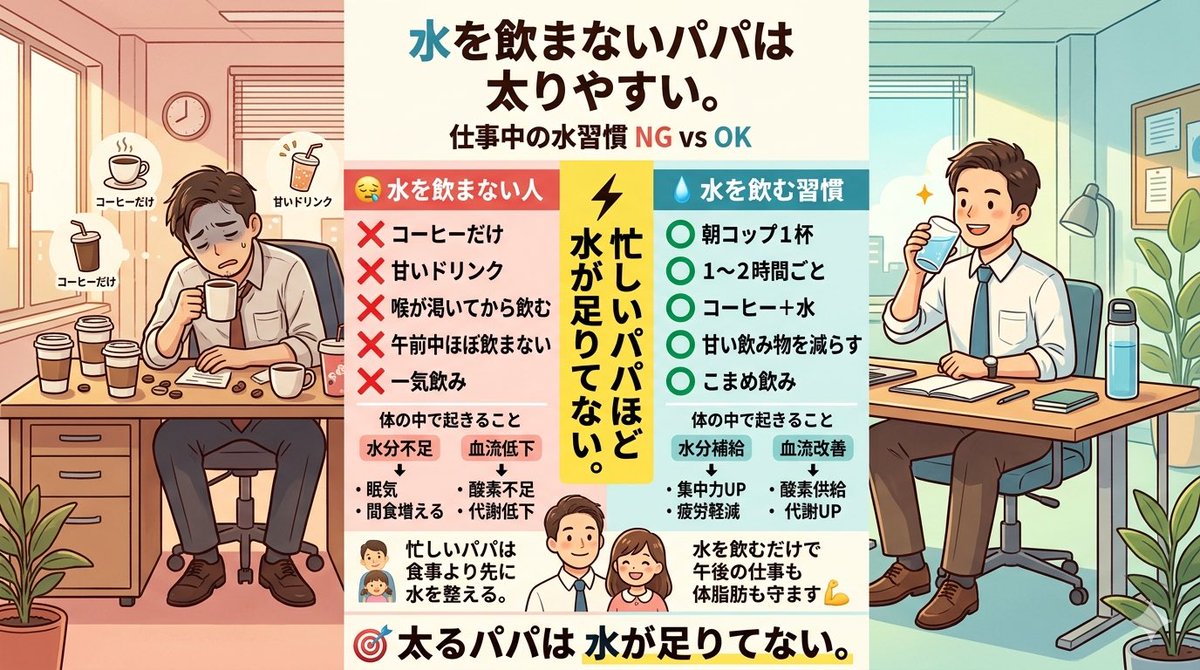 green_papa45's tweet photo. 「水を飲まない人、実は太りやすい。」

仕事が忙しくて
水を飲む時間も惜しい…。

会議、外回り、デスク作業。
気づけばコーヒーだけなんて時も。

でも実は、
水をあまり飲まない人には
“太りやすい共通点”があります。

ここを変えるだけで
午後の集中力も体脂肪も変わります。
それが⇩ https://t.co/XGmRW4ZXxU
