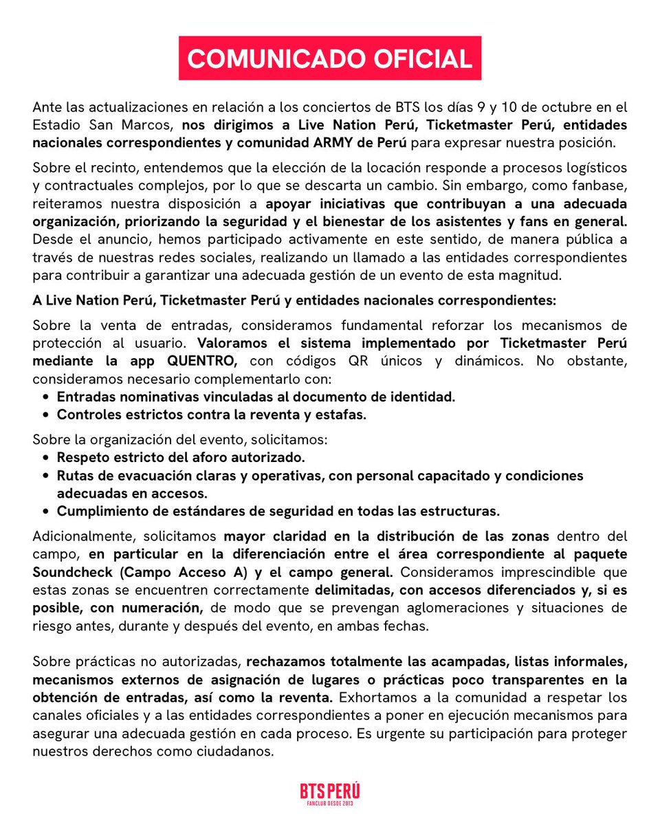 Exhortamos a las entidades organizadoras, <a href="/livenationperu/">Live Nation Perú</a> y <a href="/TicketmasterPE/">Ticketmaster Perú</a> , a actuar con responsabilidad y contribuir a que el evento se desarrolle en condiciones óptimas en ambas fechas.

En relación con el compromiso público de <a href="/IndecopiOficial/">Indecopi Oficial</a> sobre una adecuada gestión en