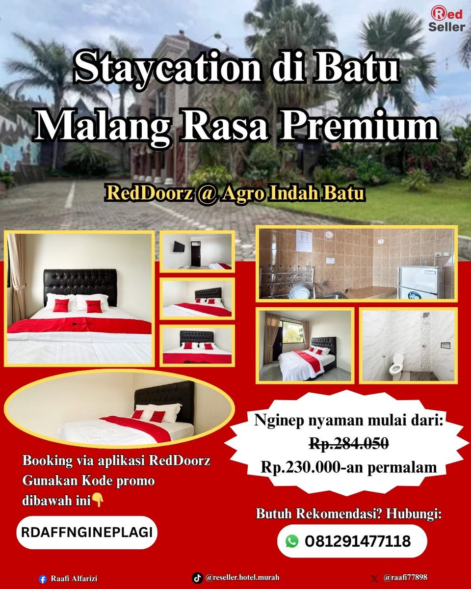 raafi77898's tweet photo. RedDoorz @ Agro Indah Batu, kamu bisa dapetin kamar nyaman + fasilitas lengkap mulai 200rb-an 👀

Cocok buat healing, liburan/sekadar rehat sejenak.

Booking via apk #RedDoorz &amp; isi kode promo RDAFFNGINEPLAGI (lebih aman &amp; sering promo). 

Staycation enjoy, RedDoorz pilihan coy https://t.co/falvtCe7jl