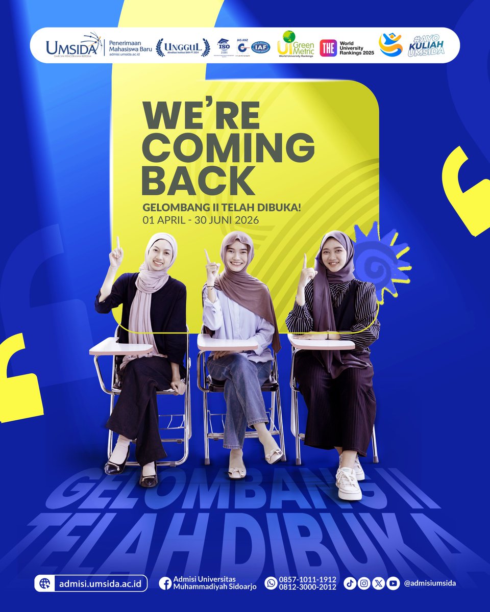 admisiumsida's tweet photo. We’re coming back 🔥
Yang masih ketinggalan Gelombang 1, jangan lagi ketinggalan di Gelombang 2 🥹
Sekarang waktunya kamu ambil langkah.

Amankan mimpimu jadi Generasi Pencerah, mulai hari ini 🤗
#umsida1912 #AyoKuliahUmsida #KampusPencerah https://t.co/Ke5GSaGeTk
