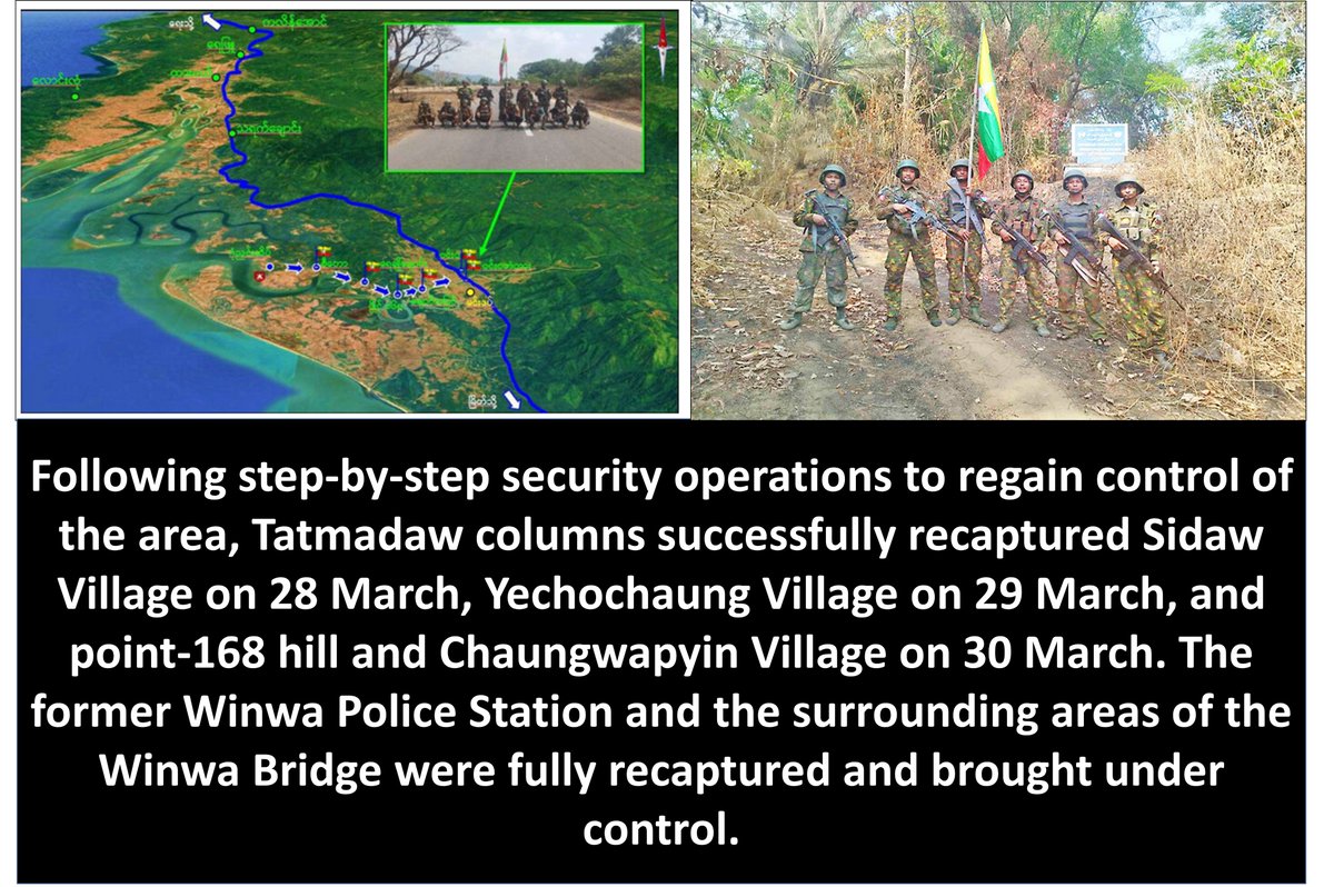Tatmadaw columns have successfully regained full control of the  strategically important Winwa Bridge, which had been temporarily seized  by insurgents, and have reopened the Dawei-Myeik transport route,  enabling the resumption of normal travel and the flow of goods. #Myanmar