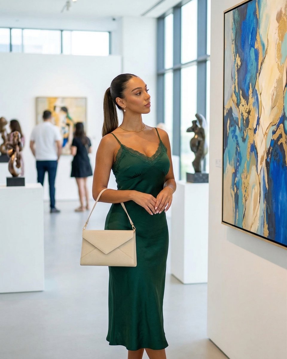 OserveCreateAI's tweet image. Golden-hour rooftop in sleek black, elegant emerald grace at the gallery, velvet sophistication with a martini, and breezy white perfection on the beach. ✨🌴🌆🍸 The journey from paradise to penthouse never looked this good 🔥 #AIGirl #AIArt #LuxuryVibes #RooftopGlam