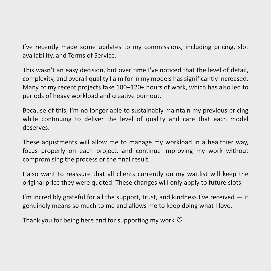 I’ve made some updates to my commission pricing, slots, and Terms of Service. Details are explained in the image.

All current waitlist clients will keep their original quoted price — changes only apply to future slots.

Thank you so much for the continued support 𐔌՞. .՞𐦯