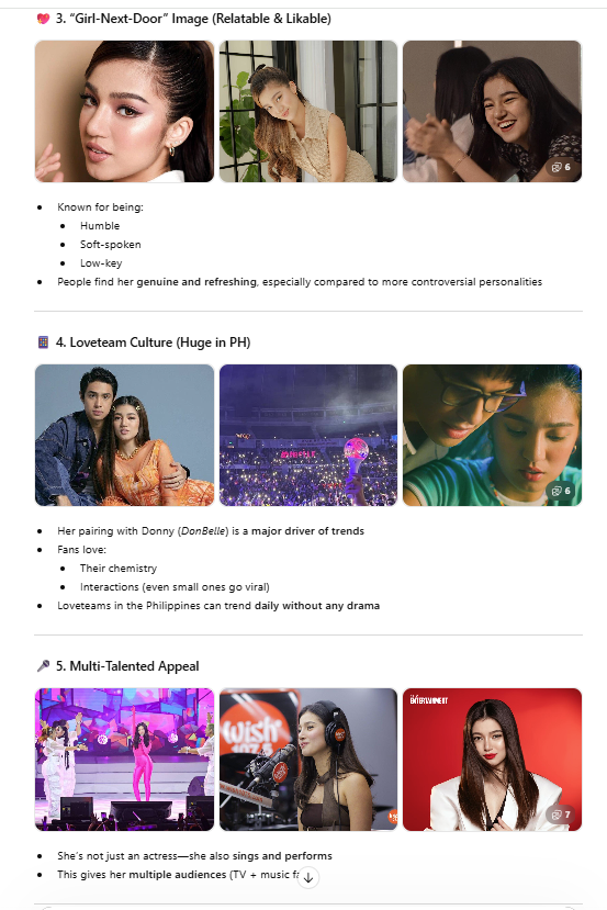 Belle Mariano trends because of “positive traction”, not clout: chatgpt
✅ Strong fandom
✅ Consistent project
✅ Clean image
✅ Loveteam power
❌ No need for controversy
👉 In short: She trends because people want to talk about her—not because she tries to force attention.