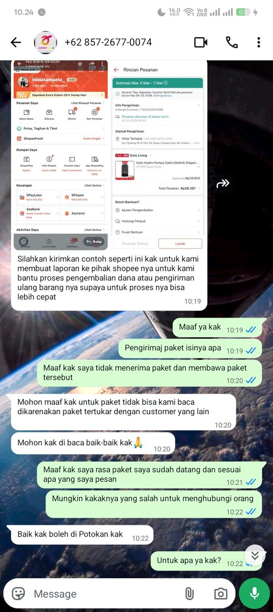 aishaastaskk's tweet image. Awalnya tiba2 pagi sekitar jam 2 dichat orang yang ga kenal dan pesannya udah dihapus trs paginya aku chat dengan jawaban "siapa?" Tapi gada jawaban. Siangnya kali ini dichat sama yang ngaku tim ekspedisi "Anteraja" dan menerangkan bahwa ada paket saya yang tertukar #penipuan