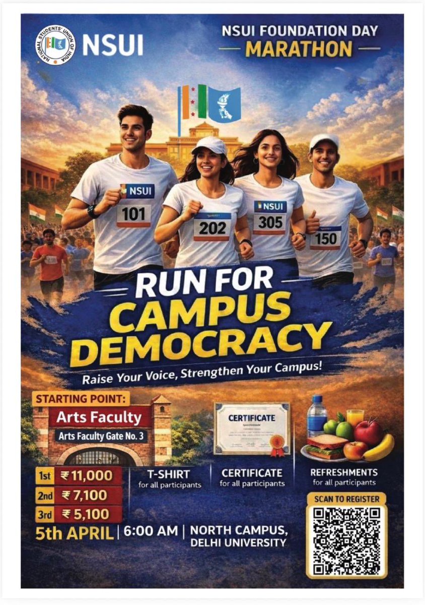 NSUI invites all students to be a part of the “Run for Campus Democracy” Marathon on the occasion of NSUI Foundation Day. 🏃‍♀️

📍 Starting Point: Arts Faculty Gate No. 3, Delhi University
🗓️ Date: 5th April
⏰ Time: 6: 00 AM

This initiative is not just about running - it is about