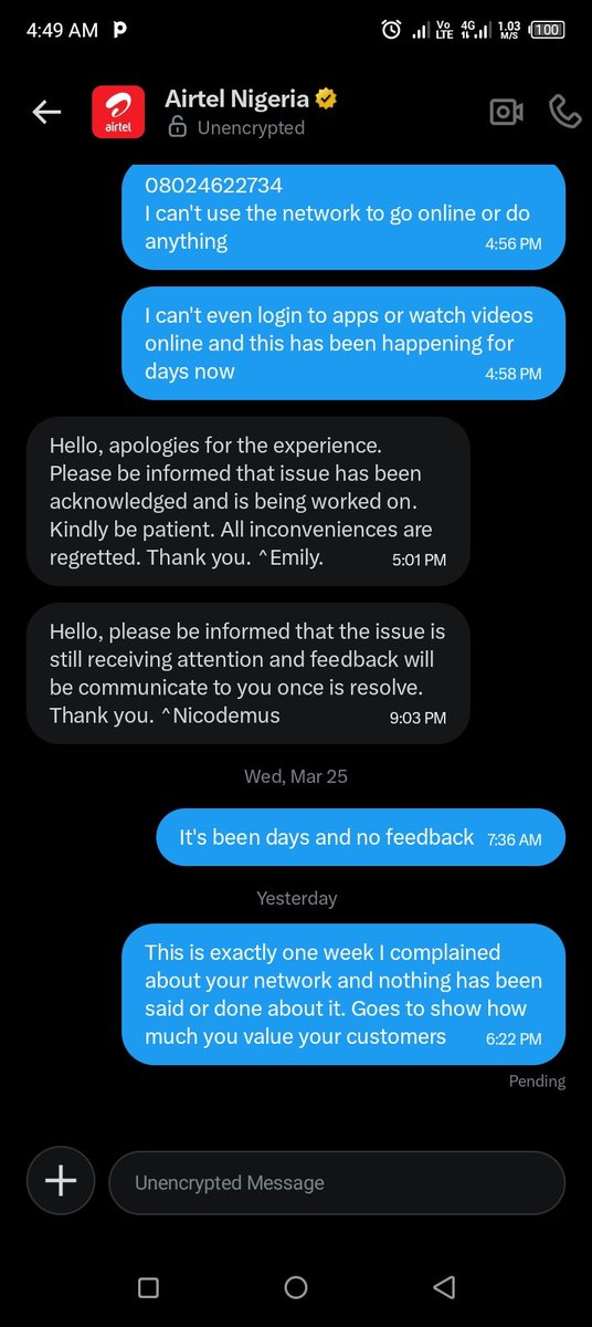 ubochiugo's tweet photo. @NgComCommission you can see how nonchalant @AirtelNigeria has been regarding my complaints. It's been over a week and not a single response or effort to remedy their network https://t.co/VFd5dll61P