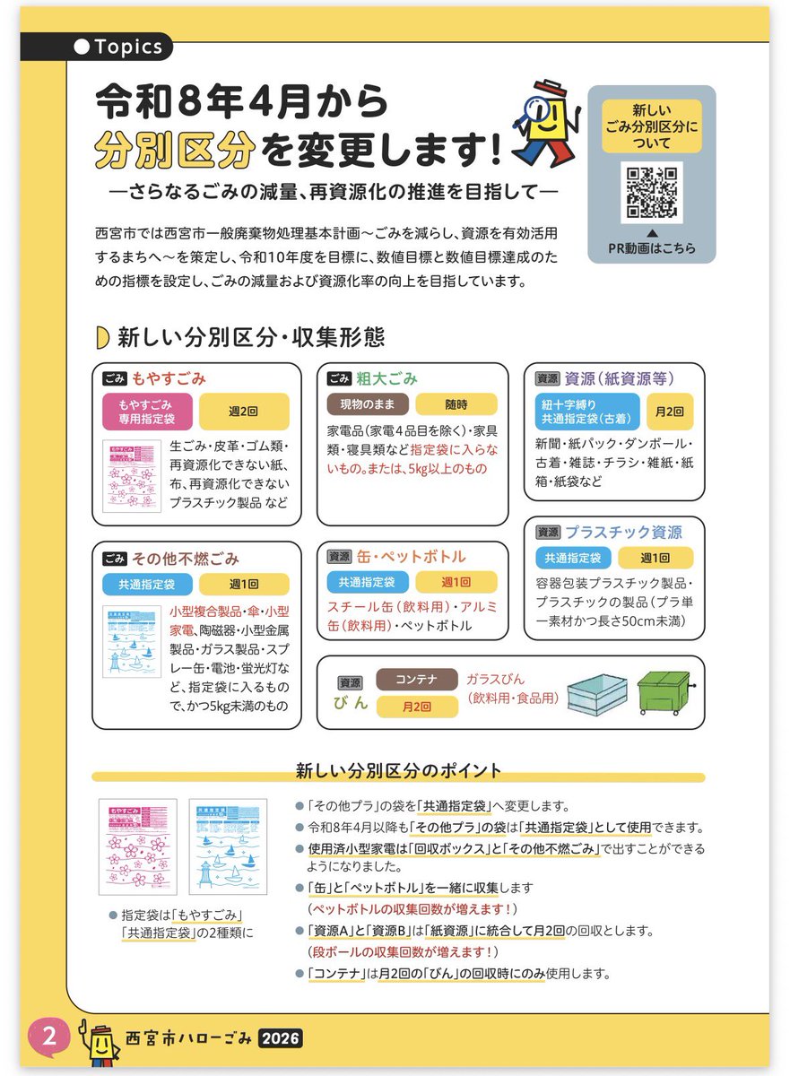 Nishi_is_back's tweet photo. 西宮市ゴミの出し方をまとめると

・燃やすゴミとその他プラはほぼ変わらず
・不燃ゴミ等が2種類に分類された
・缶とペットボトルは一緒に回収
・その他プラの袋が共通袋になった
・共通袋めっちゃいる。

て感じですかね。
確かに不燃ゴミは雑でしたからね。
でも袋にわざわざ入れるの面倒じゃない？ https://t.co/RMODcZyzom