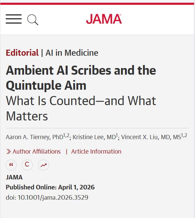 JAMA_current's tweet photo. 💬 Editorial: Ambient #AI scribes reduce clinician documentation time and increase productivity, but evidence for their impact on patient outcomes and health equity remains limited. 

https://t.co/J8ruABeraU https://t.co/EJXyypmOZe
