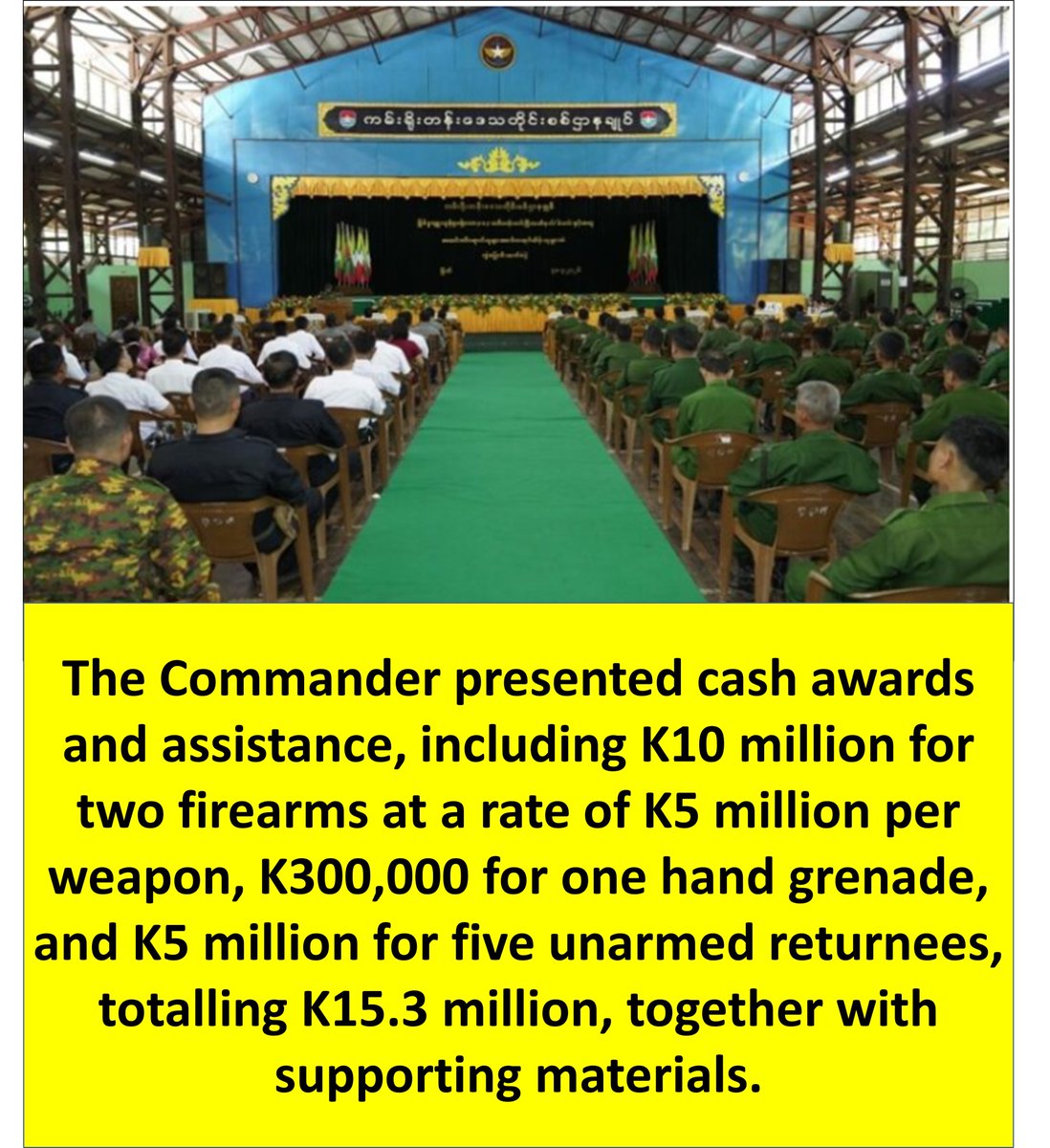 Seven members of #PDF group who accepted the peace process  returned to the legal fold with arms and ammunition. (Taing  Yan Aung Hall of the Coastal Region Command Headquarters) <a href="/IrrawaddyNews/">The Irrawaddy (Eng)</a> #WhatsHappeningInMyanmar #MyanmarFactCheck