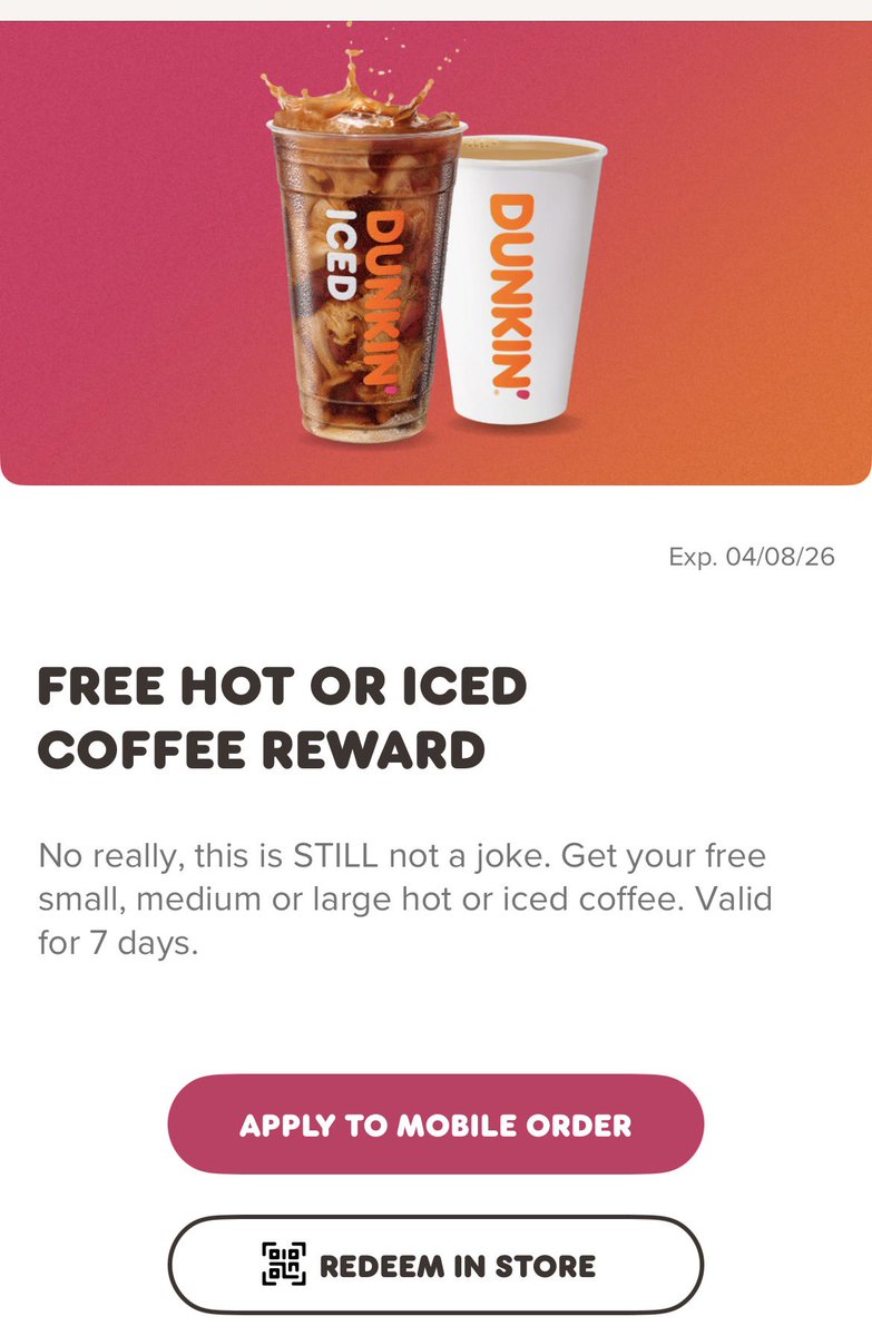 Texascouponing's tweet photo. Code 👉🏼 STILLNOTAJOKE

Free coffee at Dunkin 🔥 https://t.co/cBXOngaOQH