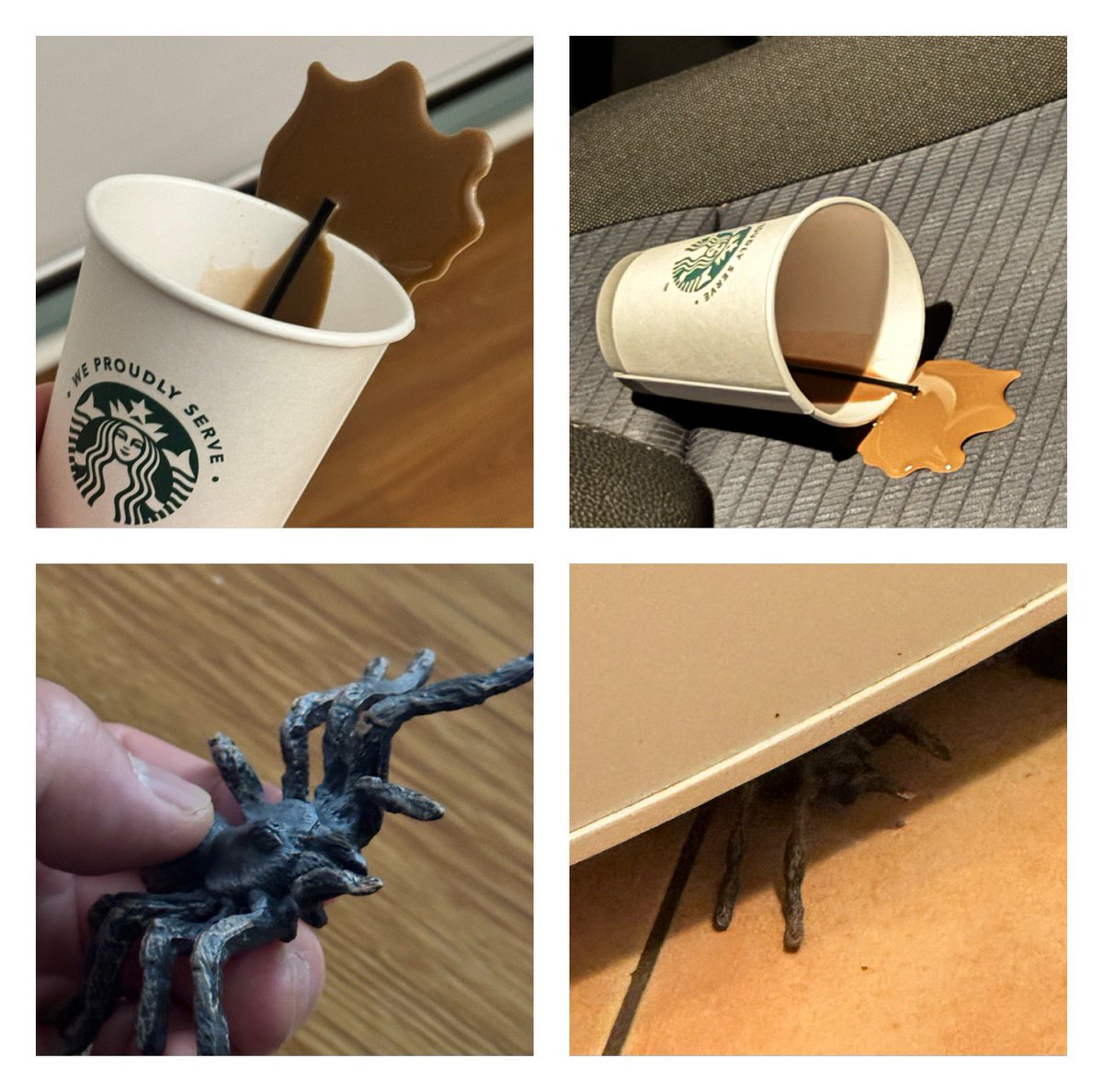 zacoyote's tweet photo. 今日のエイプリル・フールは、妻の車の助手席に偽の溢れたコーヒーカップを置き、冷蔵庫の下にオモチャの蜘蛛を置いておきましたꉂ🤣𐤔妻と息子は悲��を上げたそうですꉂ🤣𐤔 https://t.co/1uQof50xBN